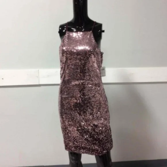 slim fit dress slacks Windsor Rose Gold Sequin Maxi Dress with Side Slit Detail and Open Back  (Small) main image 0